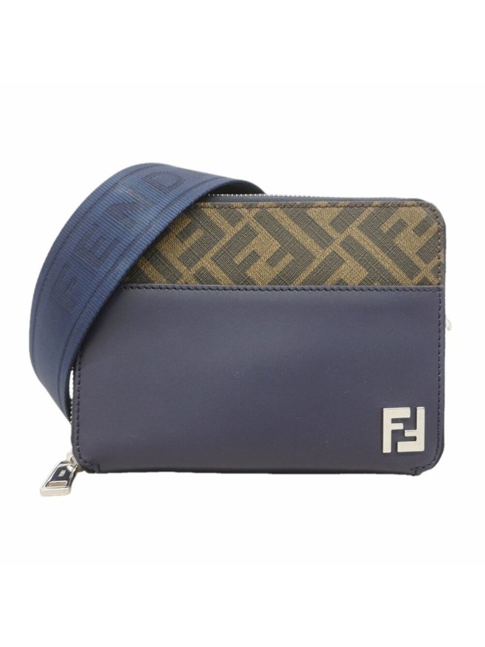 Fendi Shoulder Bag Zucca Leather Navy Khaki Silver